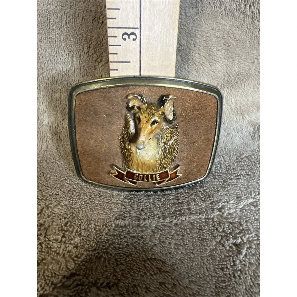 Vintage 1979 Raintree‎ Collie Dog Belt Buckle 3D Brass Enamel Western USA